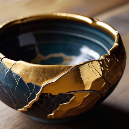 Kintsugi Urushi Polymerization process healing ceramic shards.